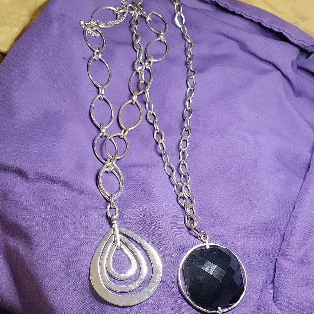 Chunky, Bold, Funky Fun Set Of 2 Black & Silver Casual Necklaces